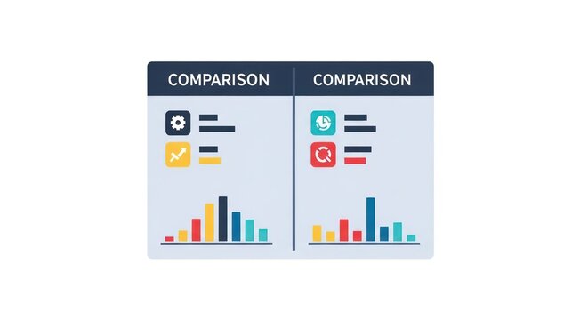Data comparison dashboard with bar charts and icons