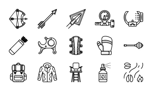 Archery and Hunting Gear Icons Set: Bow, Arrow, Quiver, Camo Jacket, Backpack, Hunting Accessories