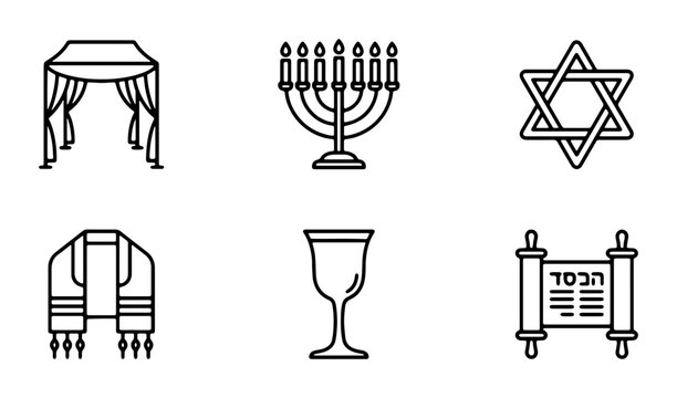 Jewish Symbols Vector Icons: Menorah, Star of David, Torah, Chuppah, Kiddush Cup, Tallit