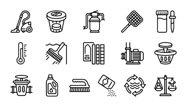 Swimming Pool Maintenance Icons Set, Water Care Equipment Vector Graphics, Pool Cleaning Tools Collection