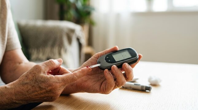 Senior person checking blood glucose level with a glucometer. Diabetes management at home