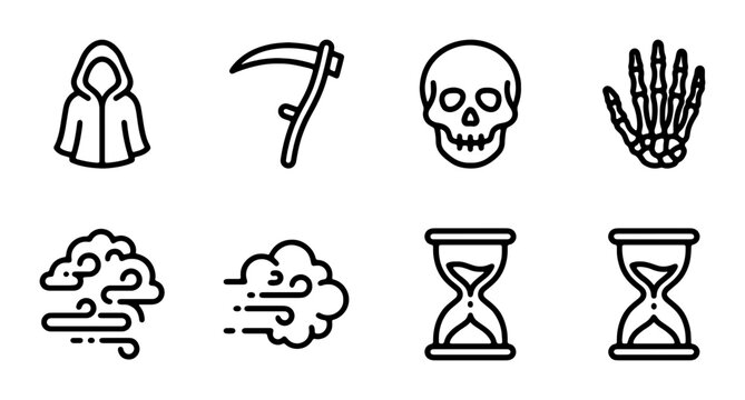 Grim Reaper Icons, Skull, Skeleton Hand, Hourglass, Wind, Clouds, Vector Set for Halloween and Death Concepts