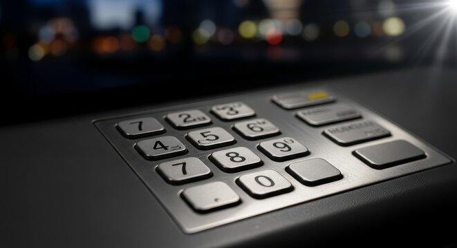 Extreme Close-up of an ATM keypad with blurred city lights in the background, focusing on the numeric buttons for secure financial transactions.