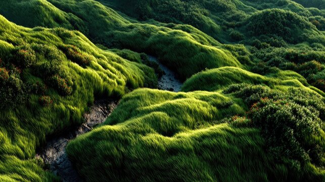 Lush Green Rolling Hills with Dense Vegetation and Small Creek in a Scenic Natural Landscape during Daylight