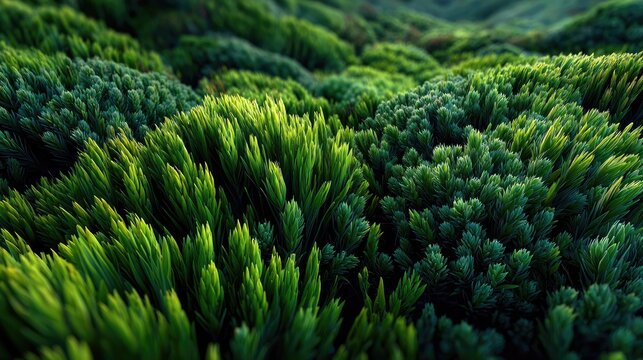 Lush green forest landscape with dense shrubbery and rolling hills, lush foliage and vibrant natural environment in daylight