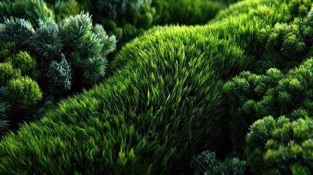 Dense green shrubbery with various types of bushes and plants in a lush garden setting.