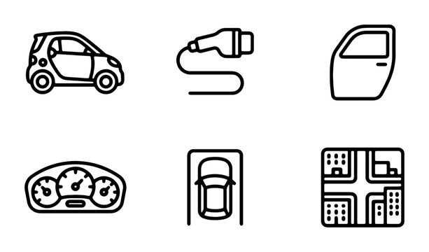 Electric Car Icons, Automotive Dashboard, Parking Space, City Map, Vehicle Door, Charging Cable Vector Set