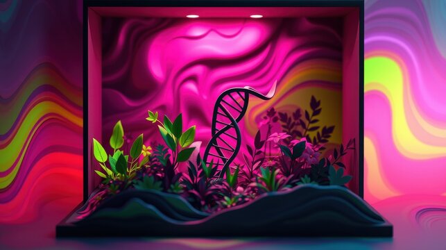 Abstract display features dna model, lush foliage. Vibrant colors create surreal, captivating scene. Lighting emphasizes central structure.