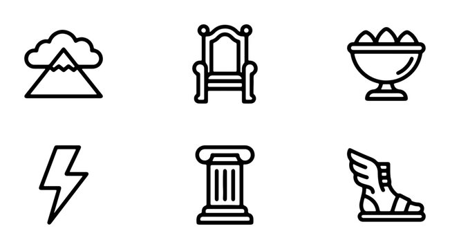 Ancient Greek Mythology Icons Set, Olympus Gods Symbols, Zeus Lightning, Winged Sandal, Throne