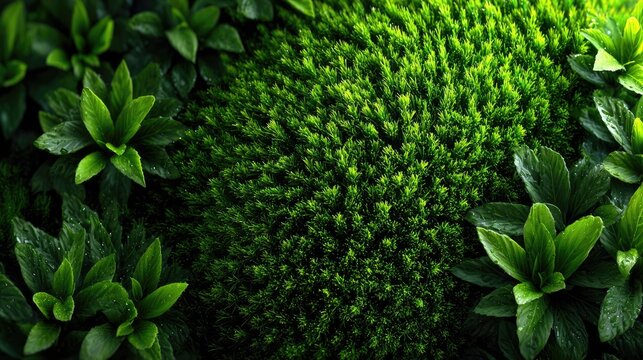 Close-up of vibrant green moss surrounded by lush green leaves on a dense forest floor with natural sunlight