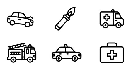 Emergency Services Icons: Ambulance, Fire Truck, Police Car, First Aid Kit, Car Crash © Nime