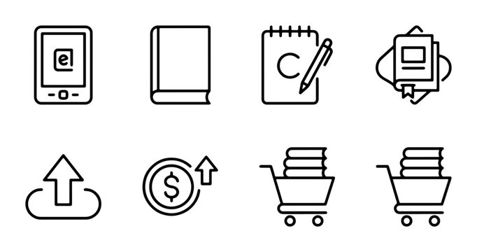 Education Icons Set: Ebook Reader, Book Stack, Notebook, Upload, Finance, Shopping Cart, Learning Resources
