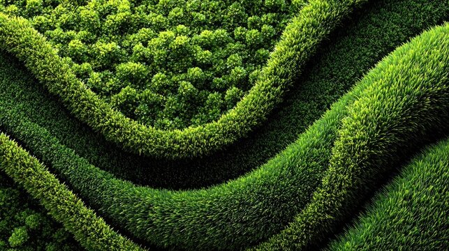 Aerial View of Curving Green Tea Crops in Interlaced Fields with Vibrant Foliage and Terraced Patterns