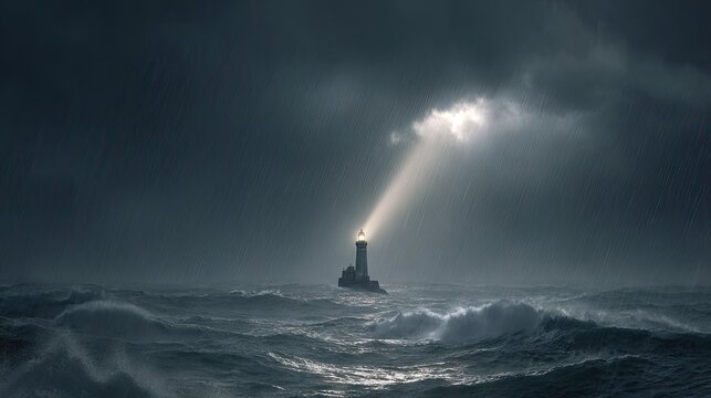 Stormy Sea with Lighthouse and Bright Beam of Light Piercing Through Dark Cloudy Sky