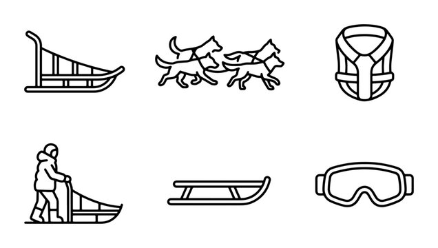 Winter Arctic Sled Dog Team Icons, Snow Gear & Arctic Transport Vector Set