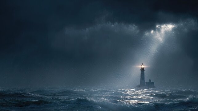 Dramatic seascape with lighthouse under stormy sky and sun rays breaking through dark clouds over turbulent ocean