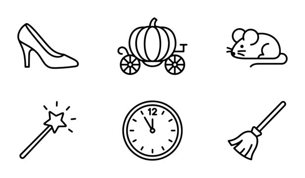 Fairy Tale Icons: Cinderella's Glass Slipper, Pumpkin Carriage, Magic Wand, Clock, Broom, Mouse