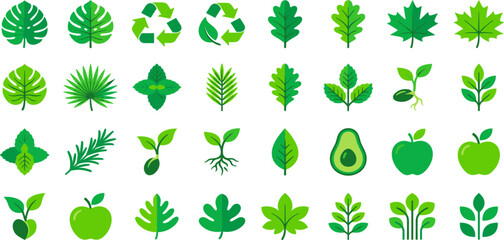 Fototapeta premium Comprehensive Green Nature Icon Set Featuring Diverse Leaf Shapes Recycling Symbols Fruits and Seedlings for Eco Friendly Branding Environmental Conservation and Sustainable Design Projects