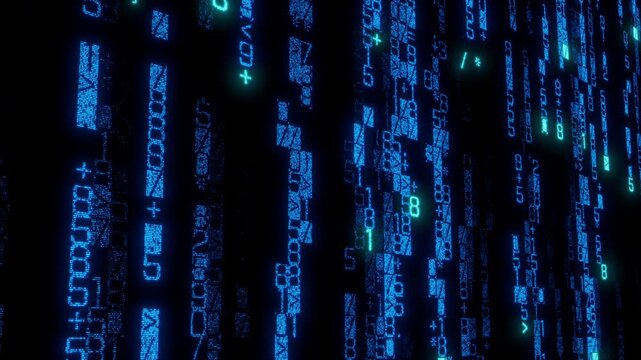 High-Resolution Matrix of Code Cascading Downwards. Neon Blue Digital Design Background. Seamless Loop.