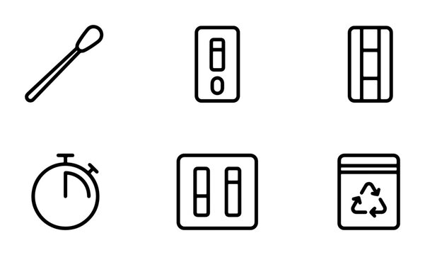 Medical Test Icons: Swab, Rapid Test Kit, Timer, Disposal Bag, Simple Line Art