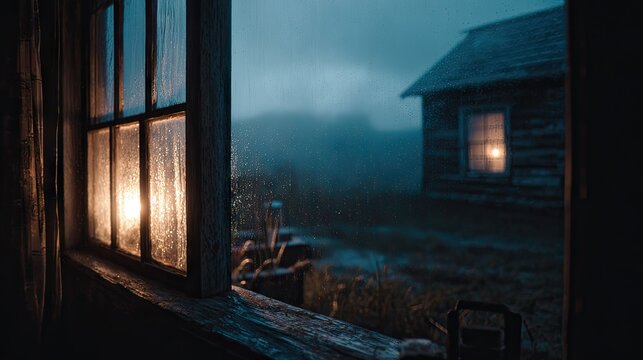 View through a rain-covered window at dawn, overlooking an old wooden house in a misty rural landscape with a cloudy sky