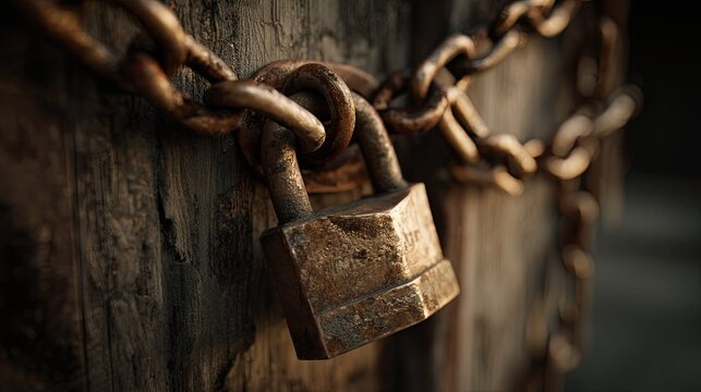 Close-up of rusty chain and padlock securing a wooden surface, symbolizing security, protection, and safety measures in rustic setting
