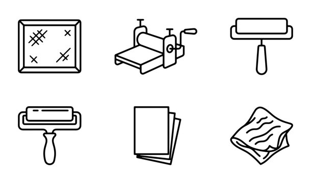 Printmaking Tools Icons Set, Graphic Art Supplies Vector Graphics, Linocut Press, Roller, Paper