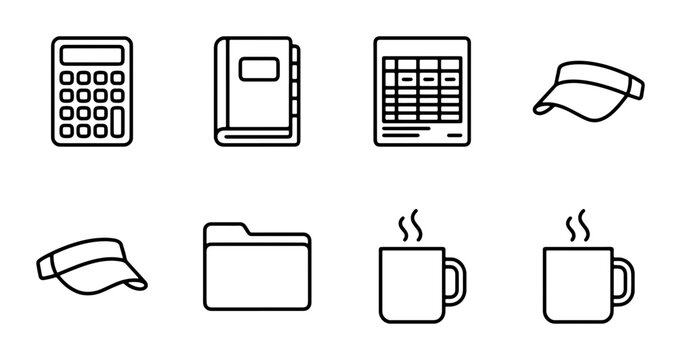 Office Supplies Icons Set: Calculator, Planner, Spreadsheet, Visor, Folder, Coffee Mugs Vector Graphics