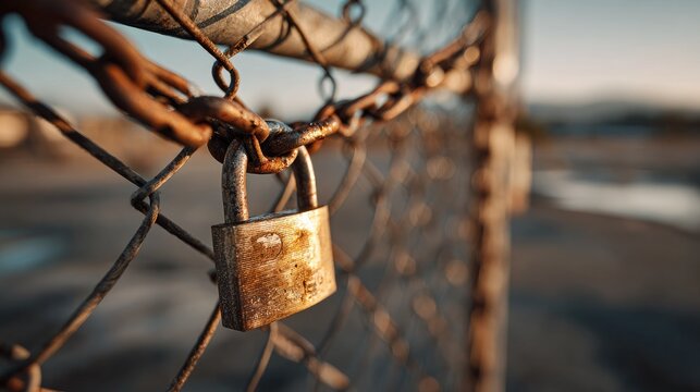 Close-up of a rusty padlock securing a chain-link fence on a sunny outdoor day with a blurred background
