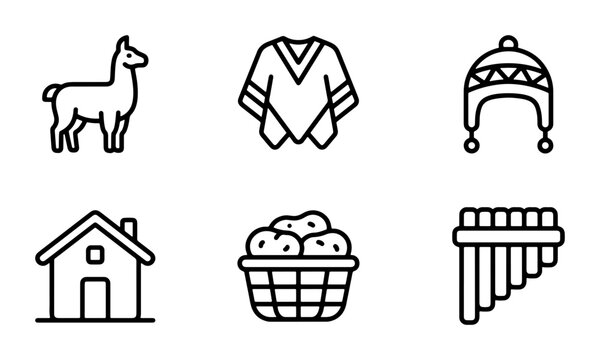 Andean Icons: Llama, Poncho, Hat, House, Potatoes, Pan Flute Set