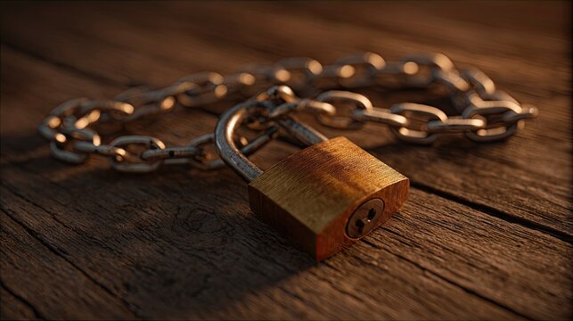 Metal Chain with Padlock on Wooden Surface, Security Lock, Safety Equipment, Locking Device for Security, Hardware Security, Suspense Image