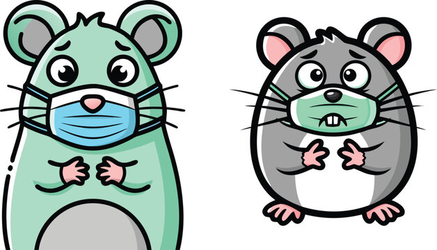 Two cute cartoon mice wearing medical face masks to protect against virus and infection