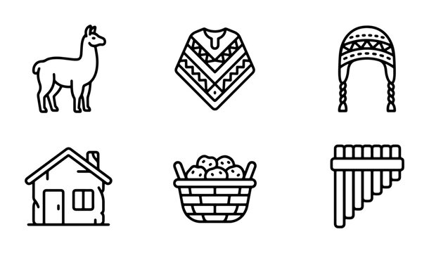 Peruvian Culture Icons Set: Llama, Poncho, Hat, House, Potatoes, Pan Flute Vector Graphics