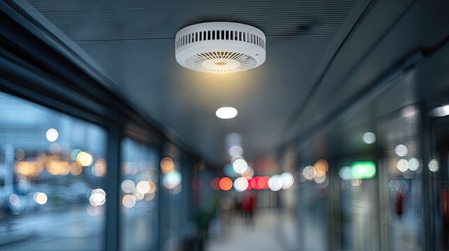 Modern ceiling light fixture in a contemporary interior space with blurred city view through large window