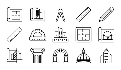 Architecture Icons Set: Blueprint, Building, Ruler, Compass, Pencil, Column, Arch, Dome, Cityscape © Sifat