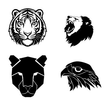 Monochromatic vector portrait logos of a tiger, lion, panther, and eagle. Powerful, aggressive wildlife mascot graphics for sports teams, esports branding, and security company badges.