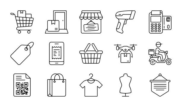 E-commerce Icons Set: Shopping Cart, Delivery Drone, POS Machine, QR Code, Storefront