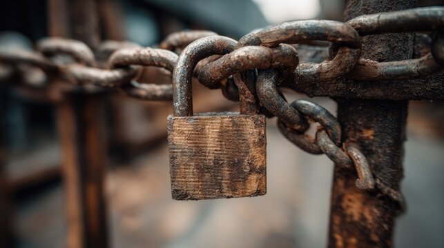 Close-up of rusty metal chains with padlock locking a gate or fence in an outdoor industrial or urban setting