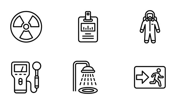 Radiation Safety Icons, Hazmat Suit, Geiger Counter, Emergency Exit, Decontamination Shower, Vector Set