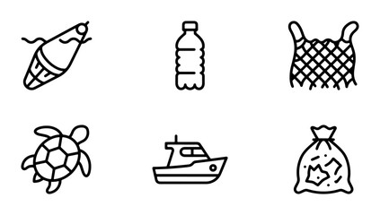 Marine Pollution Icons: Ocean Turtle, Fishing Float, Plastic Bottle, Net, Boat, Trash Bag © Ahmed