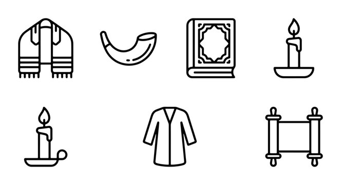 Jewish Religious Symbols Icons Set, Torah Scroll, Shofar, Menorah, Tallit, Prayer Book