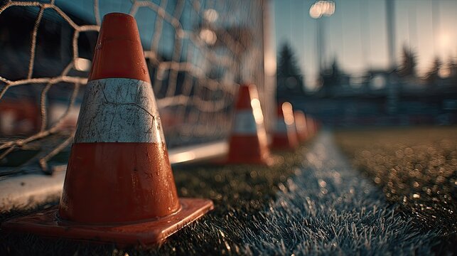 Close-up of orange and white traffic cones on a sports field at sunset with a safety net and goalposts in the background