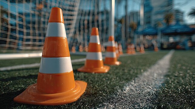 row of orange and white traffic cones on road surface with modern city buildings in the background during daytime
