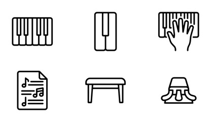 Piano Keyboard Icons, Musical Notes, Bench, Hand Playing Music, Vector Set © Ahmed