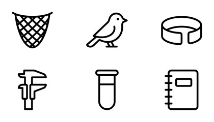 Scientific Research Icons: Bird Net, Bird, Collar, Caliper, Test Tube, Notebook © Ahmed