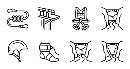 Adventure Activity Icons: Zipline, Bungee Jumping, Rappelling, Bridge, Safety Gear, Vector Set © Abdullah