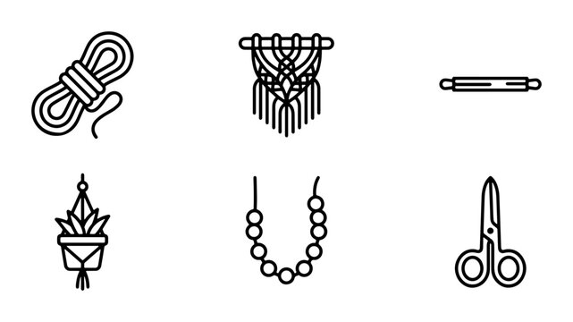 Macrame Craft Icons: Rope, Wall Hanging, Beads, Plant Holder, Scissors, Rolling Pin
