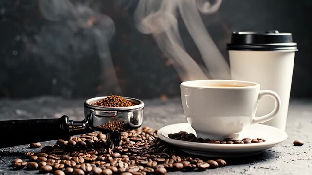 Freshly brewed coffee with beans and cup on a textured background