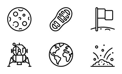 Space Exploration Icons Set: Moon, Earth, Lander, Flag, Mitochondrion, Blast Off © Abdullah