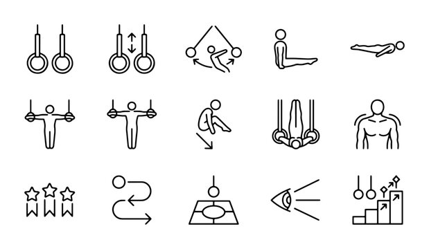 Gymnastics Icons Set, Artistic Sport Vector Graphics, Athletic Training Symbols, Competition Elements